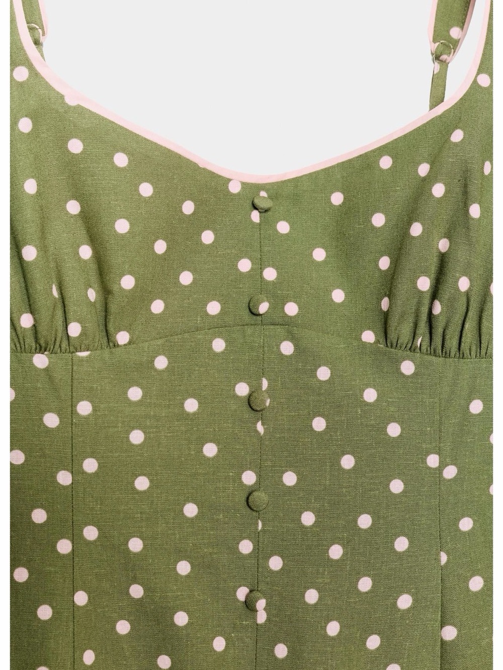 Linen Olive Green Polka Dot Midi Dress - Picture 5 of 10